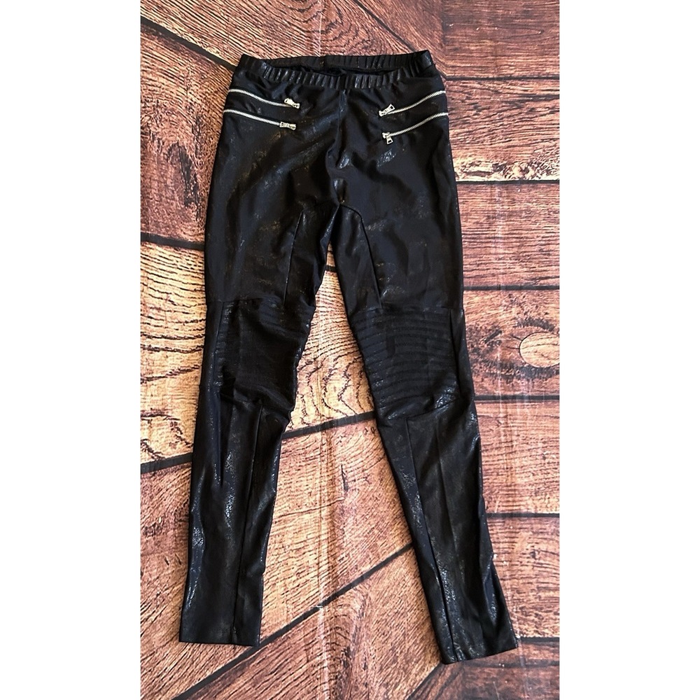 Blue Life Black Shiny Leggings‎ with Zipper Accents Size Large